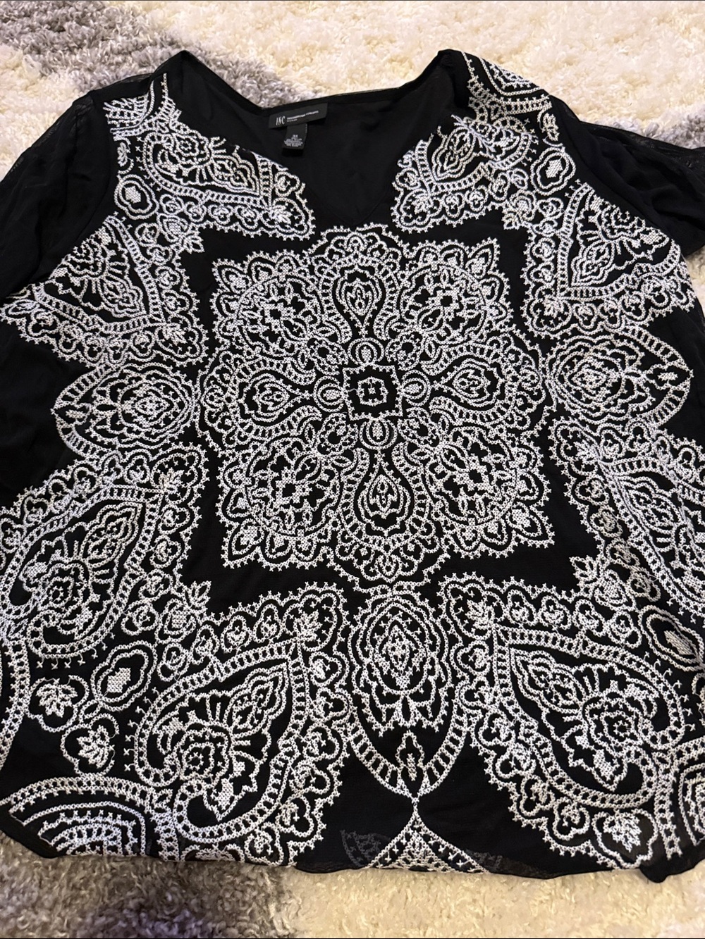 INC International Concepts Black Top with White Embroidered Paisley Medallion